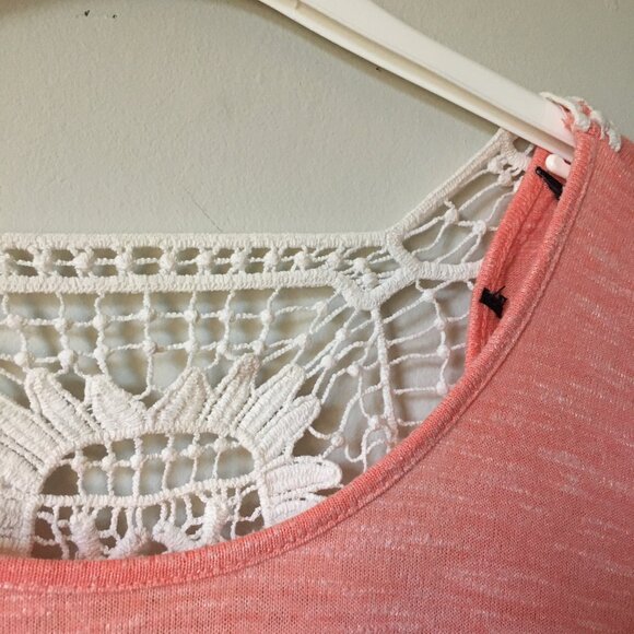 Pastelcore Coral Heathered Back Crochet Lace Long Sleeve A-Line Top - Picture 7 of 10